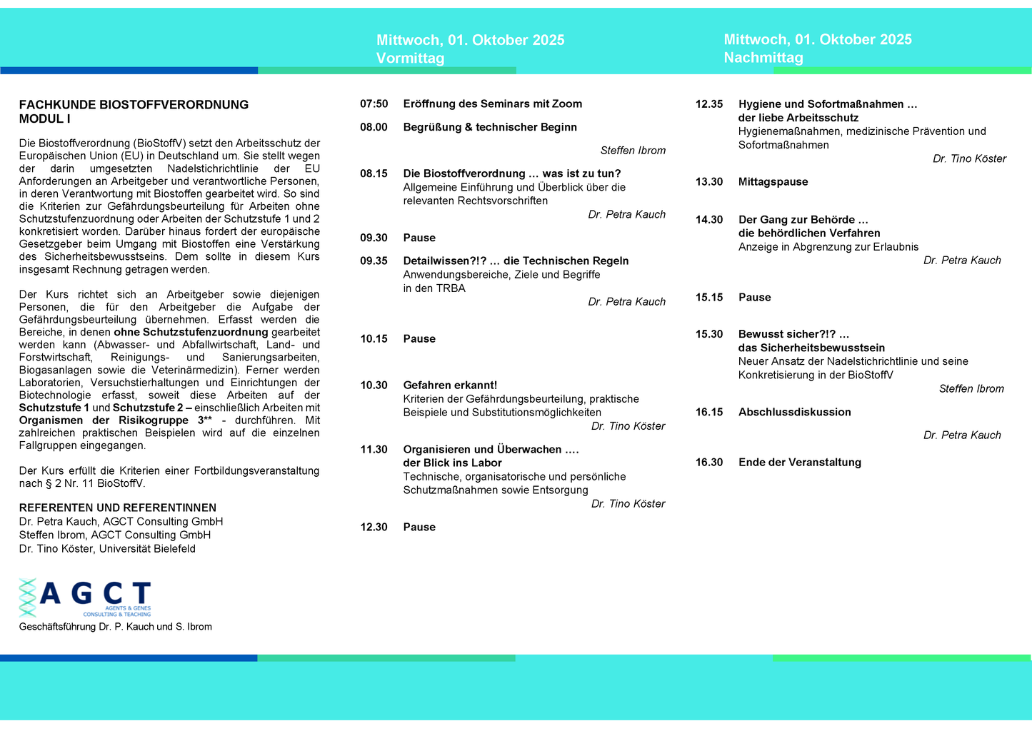 Mi. 01. Oktober 2025 - AGCT Fachkundekurs nach BioStoffV - Modul I