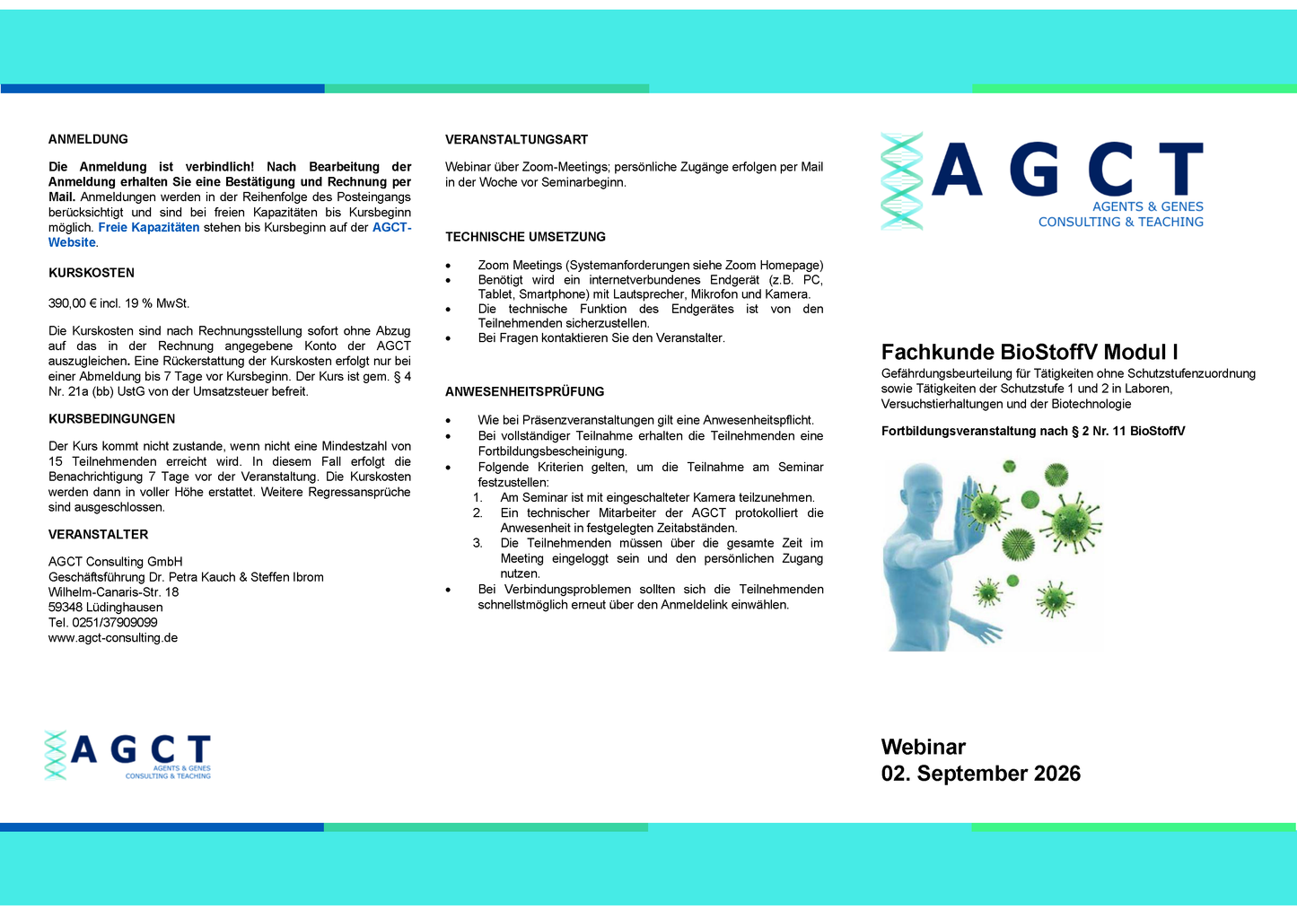 Mi. 02. September 2026 - AGCT Fachkundekurs nach BioStoffV - Modul I