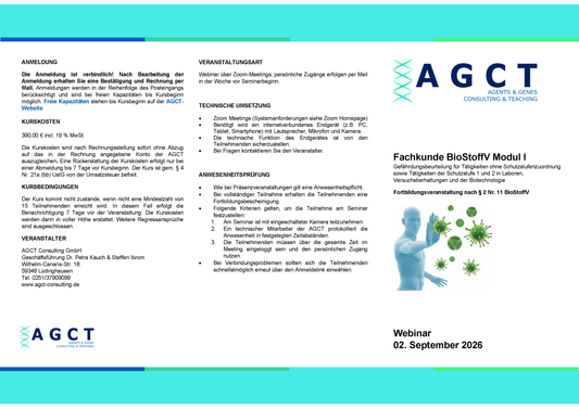Wed. 02 September 2026 - AGCT Specialist Course according to BioStoffV - Module I