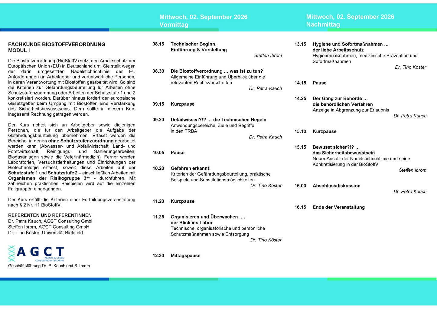 Mi. 02. September 2026 - AGCT Fachkundekurs nach BioStoffV - Modul I