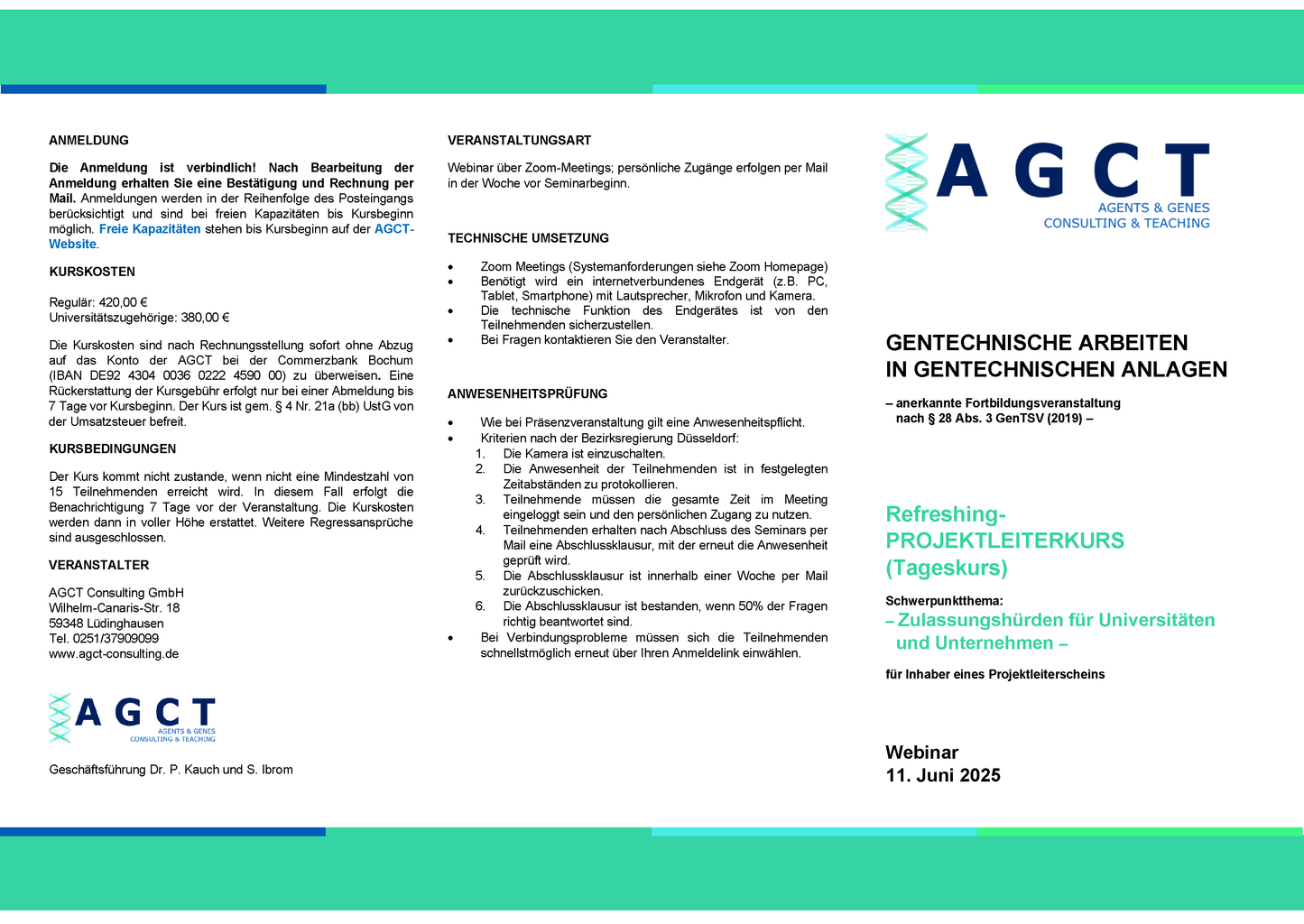 Mi. 11. Juni 2025 - AGCT Refreshing-Projektleiterkurs (Tageskurs)
