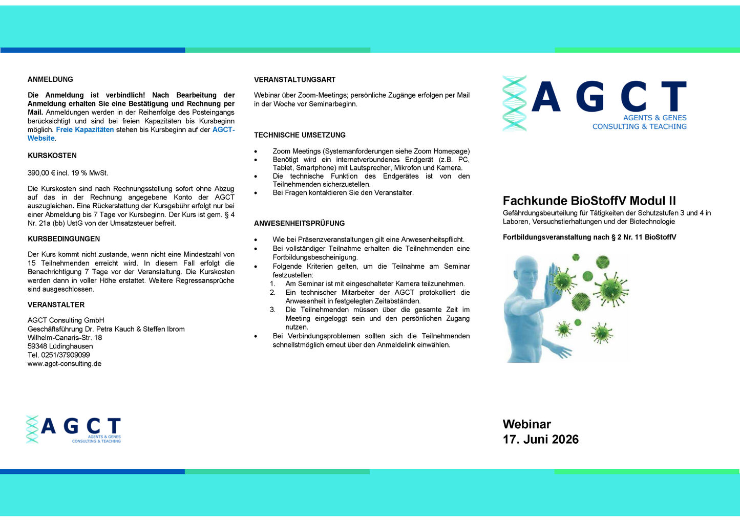 Mi. 17. Juni 2026 - AGCT Fachkundekurs nach BioStoffV - Modul II