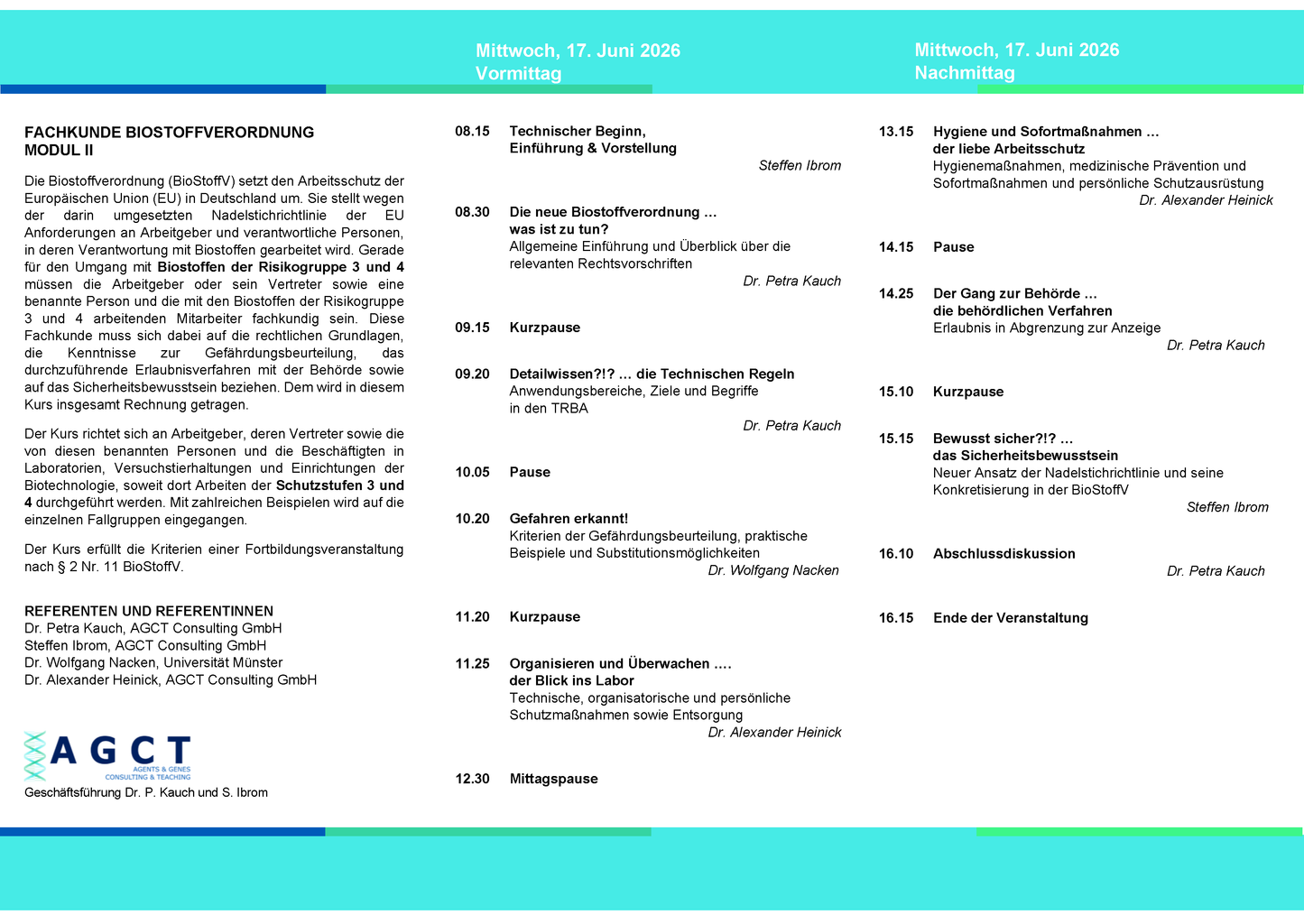 Mi. 17. Juni 2026 - AGCT Fachkundekurs nach BioStoffV - Modul II