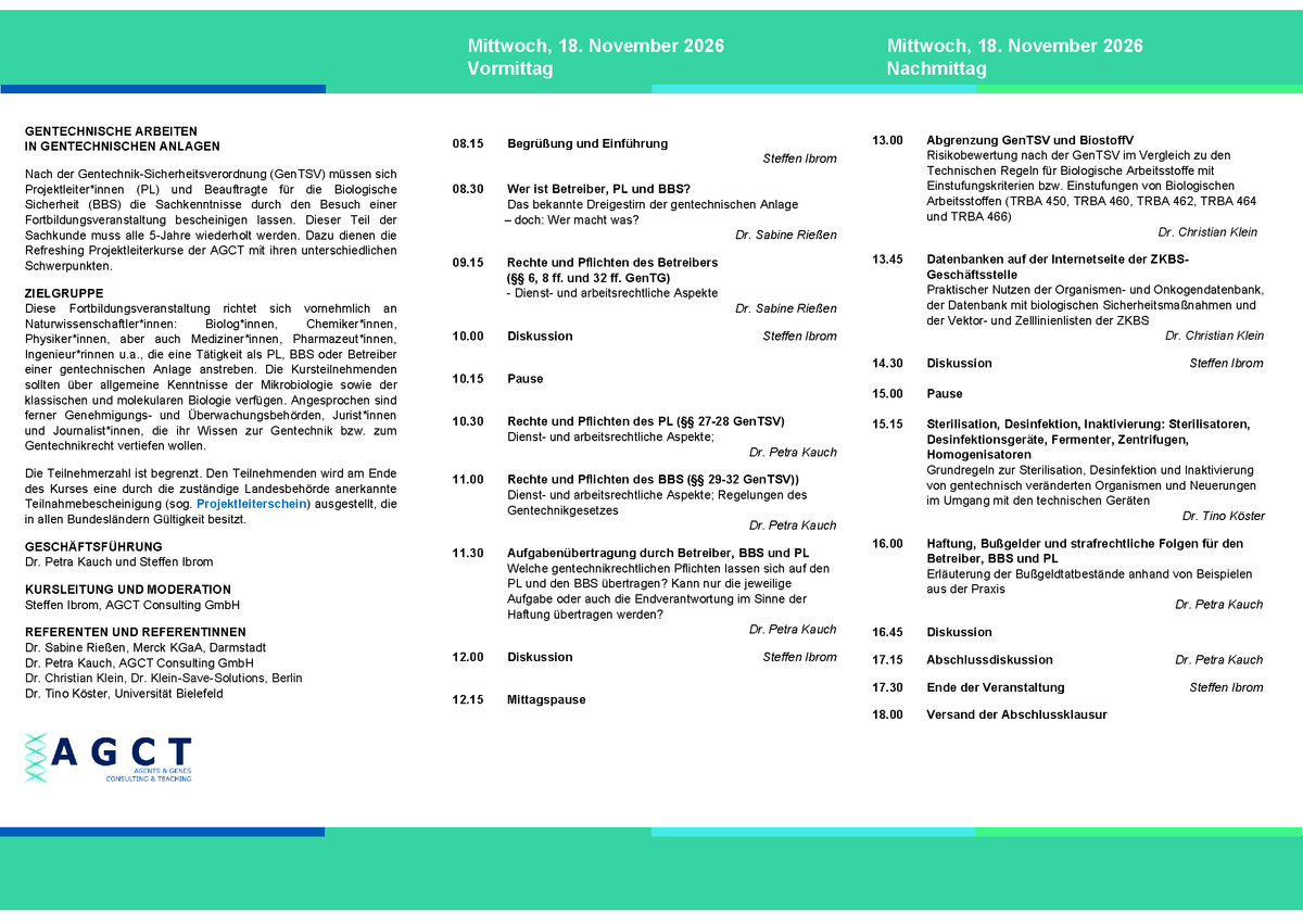 Mi. 18. November 2026 - AGCT Refreshing-Projektleiterkurs (Tageskurs)