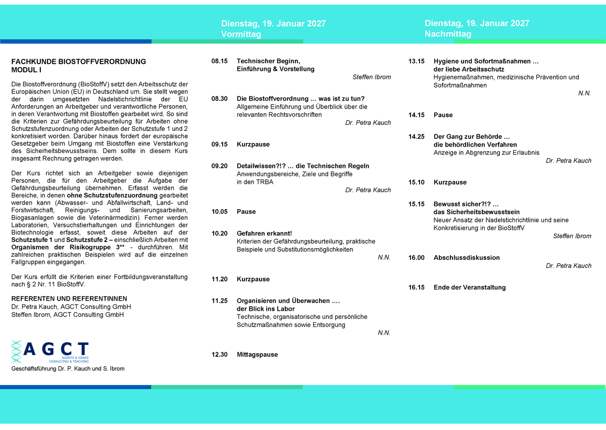 Di. 19. Januar 2027 - AGCT Fachkundekurs nach BioStoffV - Modul I