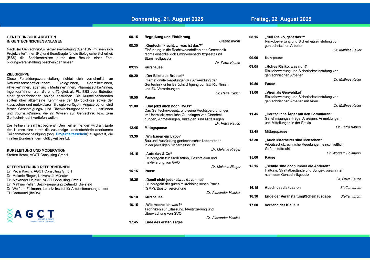 Do./Fr. 21./22. August 2025 - AGCT Projektleiterkurs (2-Tageskurs)