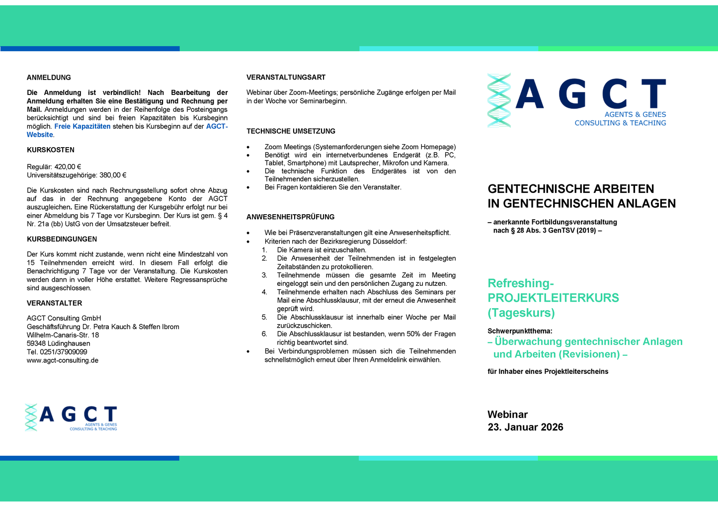 Fr. 23. Januar 2026 - AGCT Refreshing-Projektleiterkurs (Tageskurs)