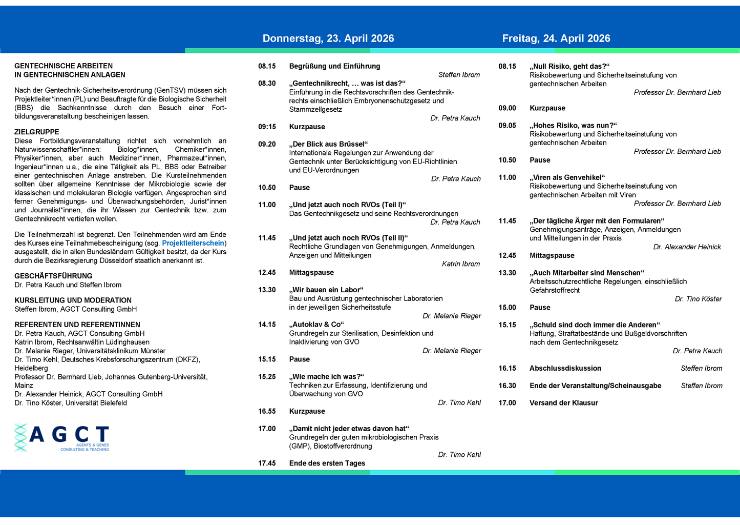 Do./Fr. 23./24. April 2026 - AGCT Projektleiterkurs (2-Tageskurs)