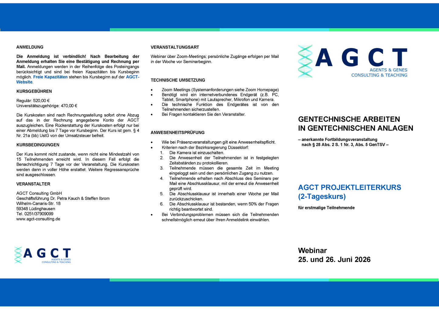Do./Fr. 25./26. Juni 2026 - AGCT Projektleiterkurs (2-Tageskurs)