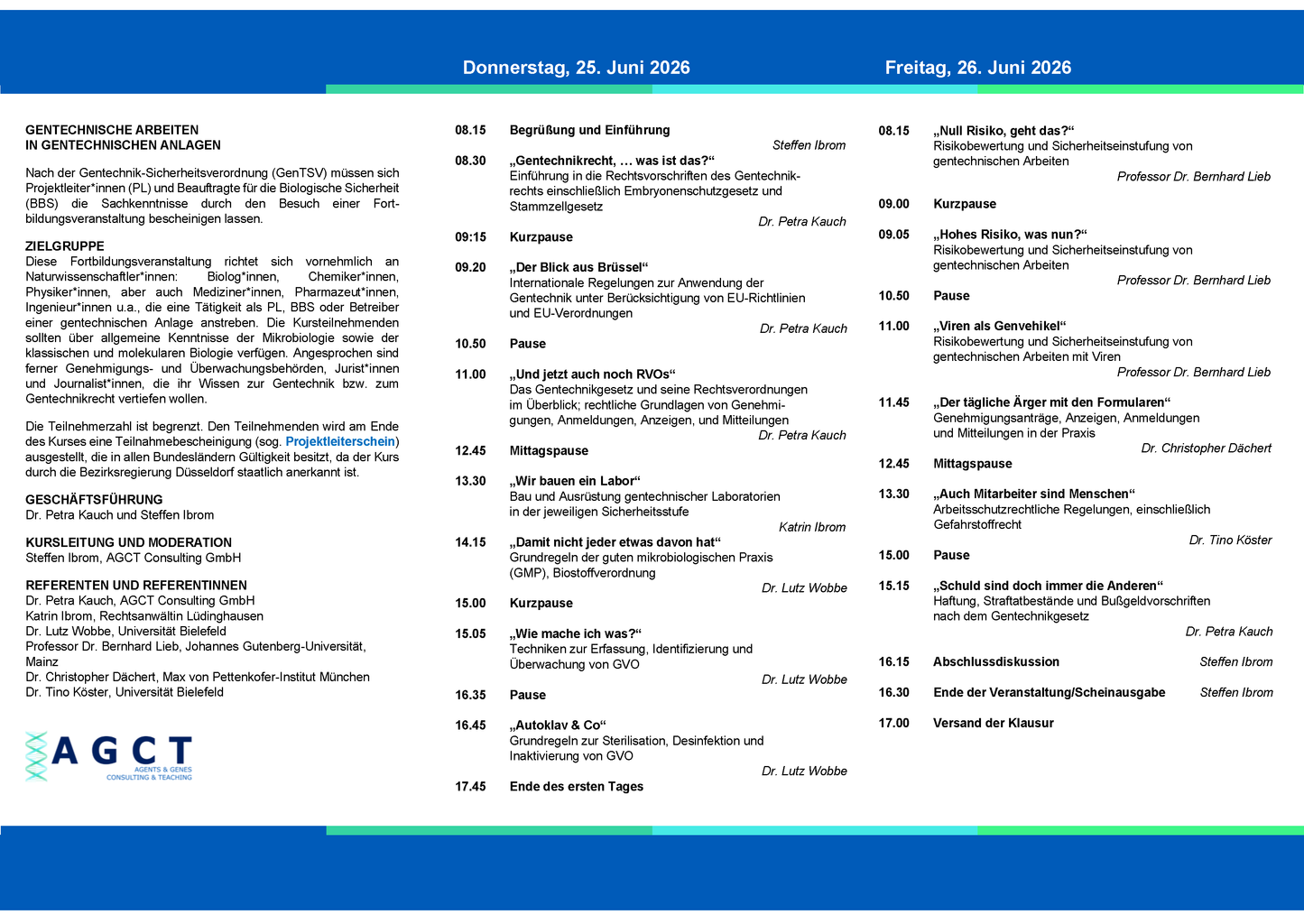 Do./Fr. 25./26. Juni 2026 - AGCT Projektleiterkurs (2-Tageskurs)
