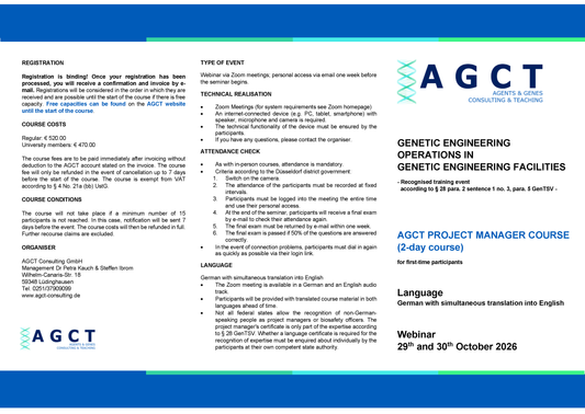 Thu/Fri 29/30 October 2026 - AGCT Project Manager Course (2-day course)