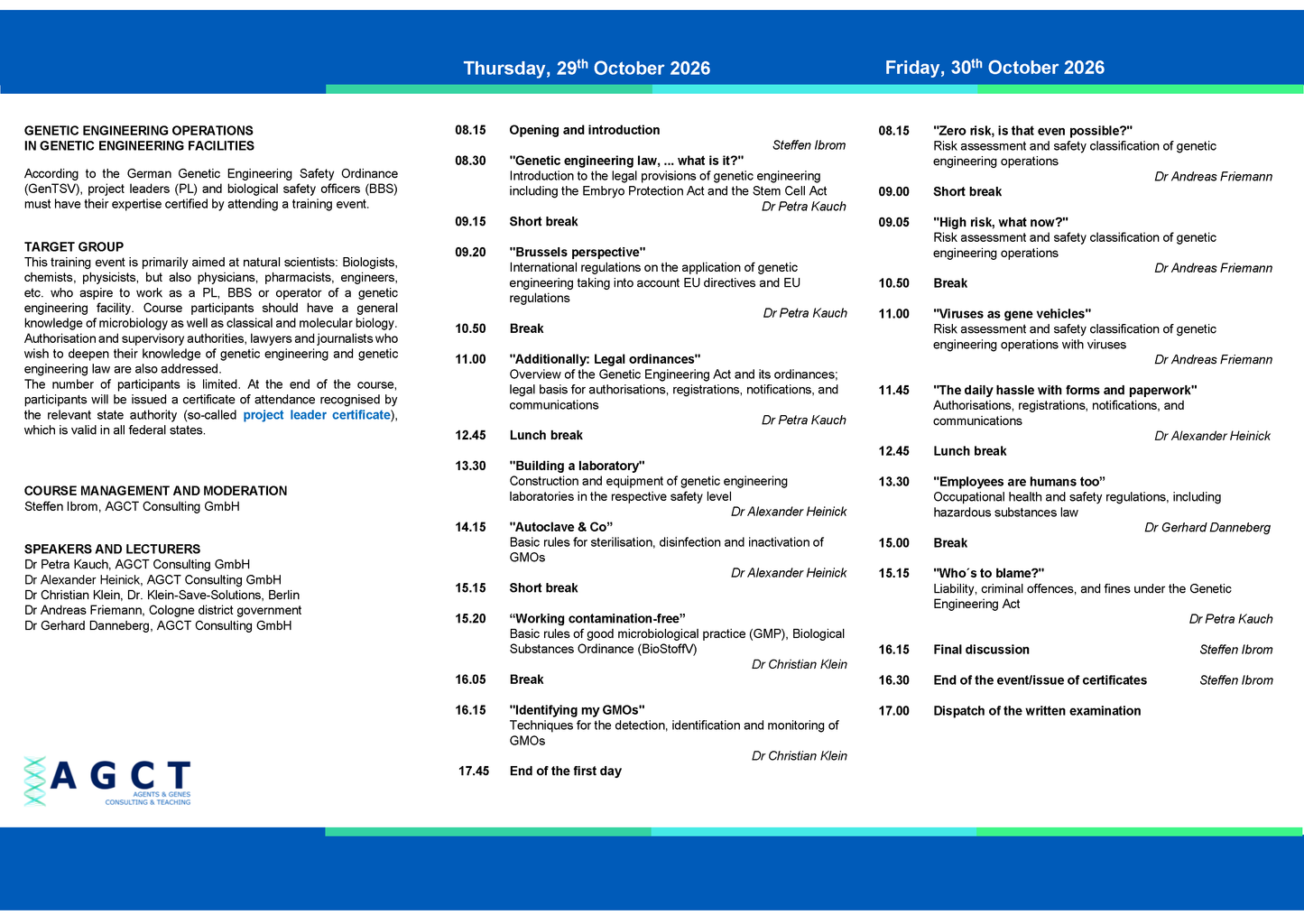 Do./Fr. 29./30. Oktober 2026 - AGCT Projektleiterkurs (2-Tageskurs)