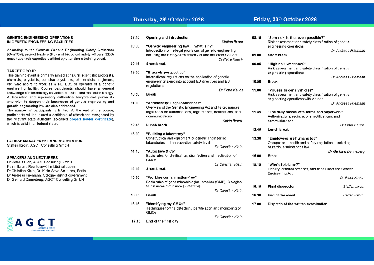 Thu/Fri 29/30 October 2026 - AGCT Project Manager Course (2-day course)
