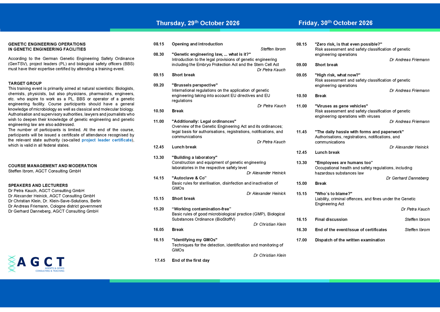 Do./Fr. 29./30. Oktober 2026 - AGCT Projektleiterkurs (2-Tageskurs)
