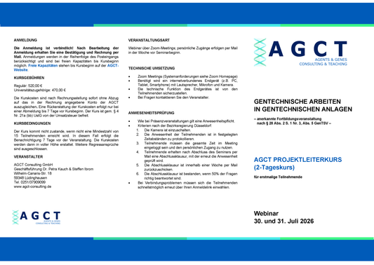Do./Fr. 30./31. Juli 2026 - AGCT Projektleiterkurs (2-Tageskurs)
