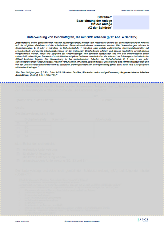 Documentation of genetic engineering instructions acc. to Section 17 (4) GenTSV - Sample document
