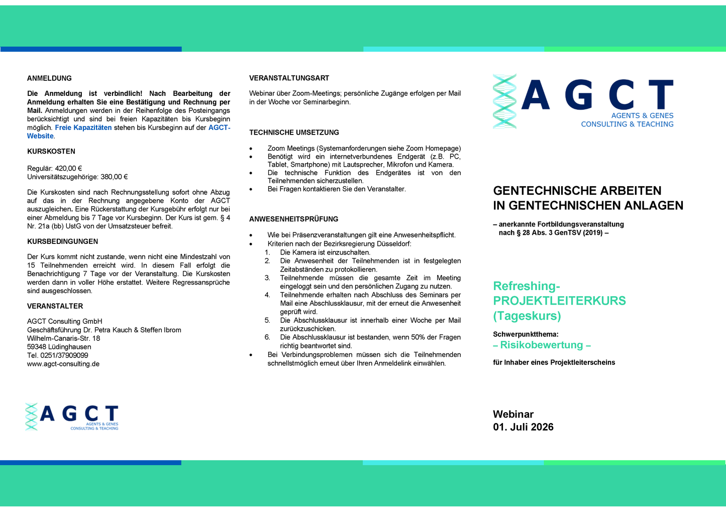 Mi. 01. Juli 2026 - AGCT Refreshing-Projektleiterkurs (Tageskurs)