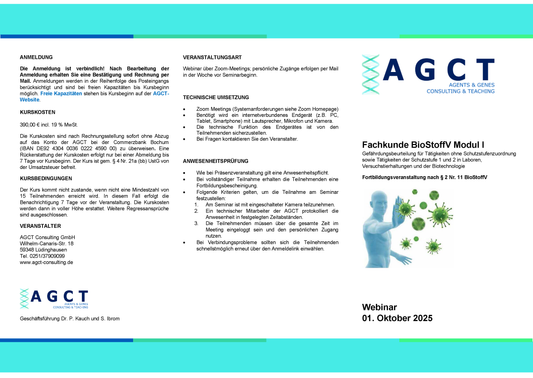 Mi. 01. Oktober 2025 - AGCT Fachkundekurs nach BioStoffV - Modul I