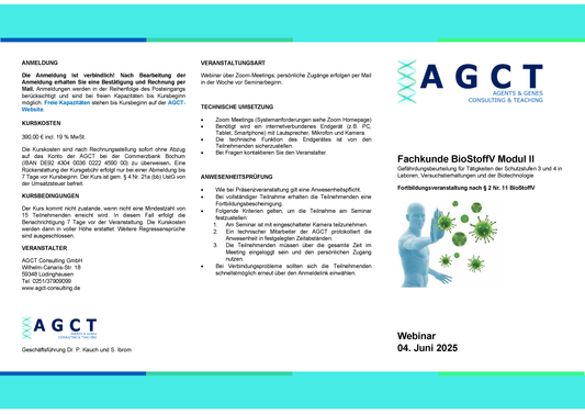 Mi. 04. Juni 2025 - AGCT Fachkundekurs nach BioStoffV - Modul II