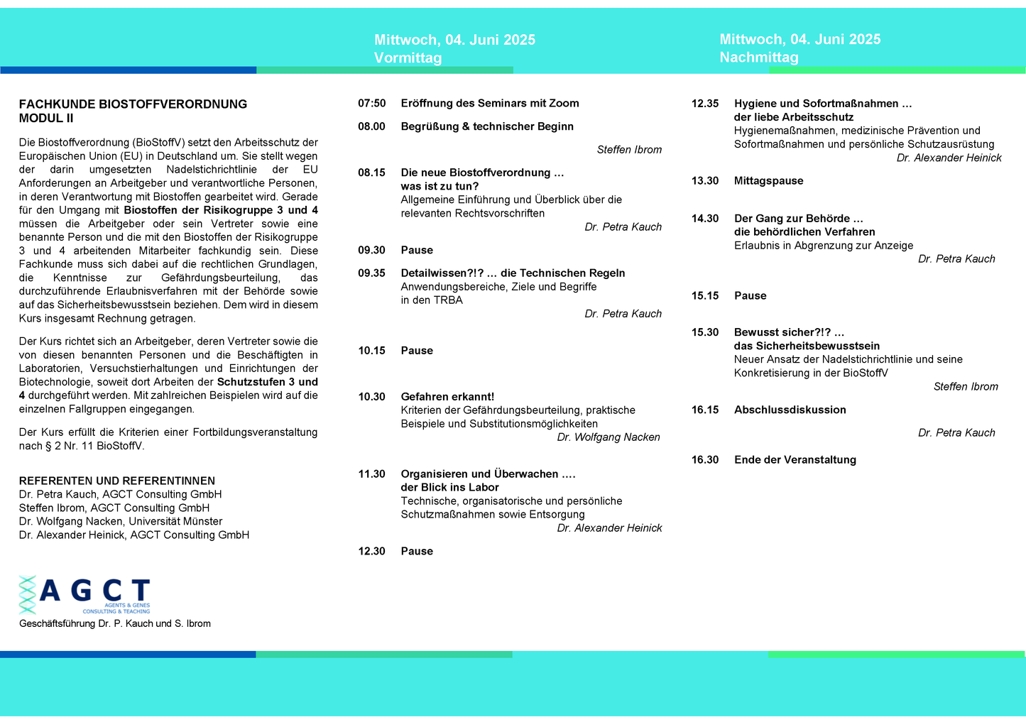 Mi. 04. Juni 2025 - AGCT Fachkundekurs nach BioStoffV - Modul II
