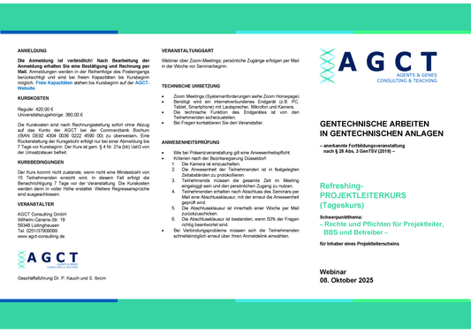 Mi. 08. Oktober 2025 - AGCT Refreshing-Projektleiterkurs (Tageskurs)