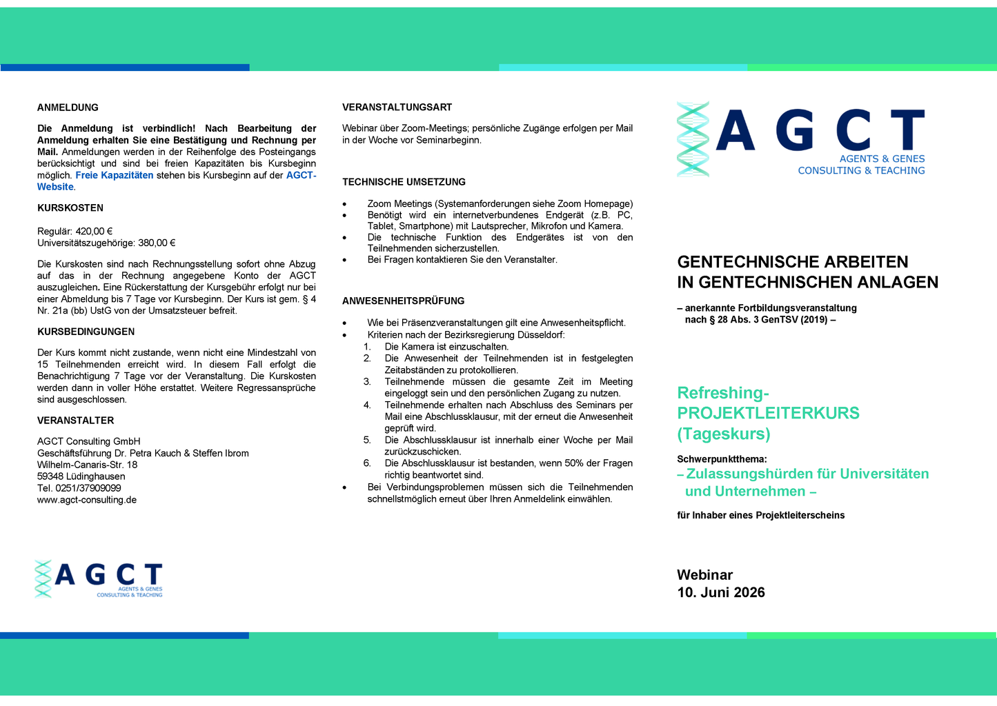 Mi. 10. Juni 2026 - AGCT Refreshing-Projektleiterkurs (Tageskurs)