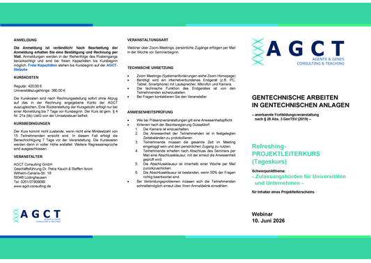 Mi. 10. Juni 2026 - AGCT Refreshing-Projektleiterkurs (Tageskurs)