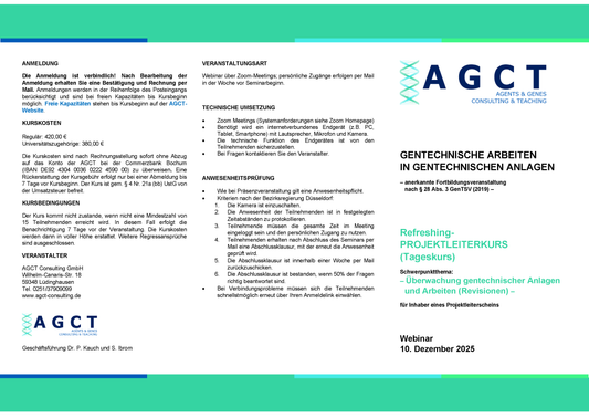 Mi. 10. Dezember 2025 - AGCT Refreshing-Projektleiterkurs (Tageskurs)