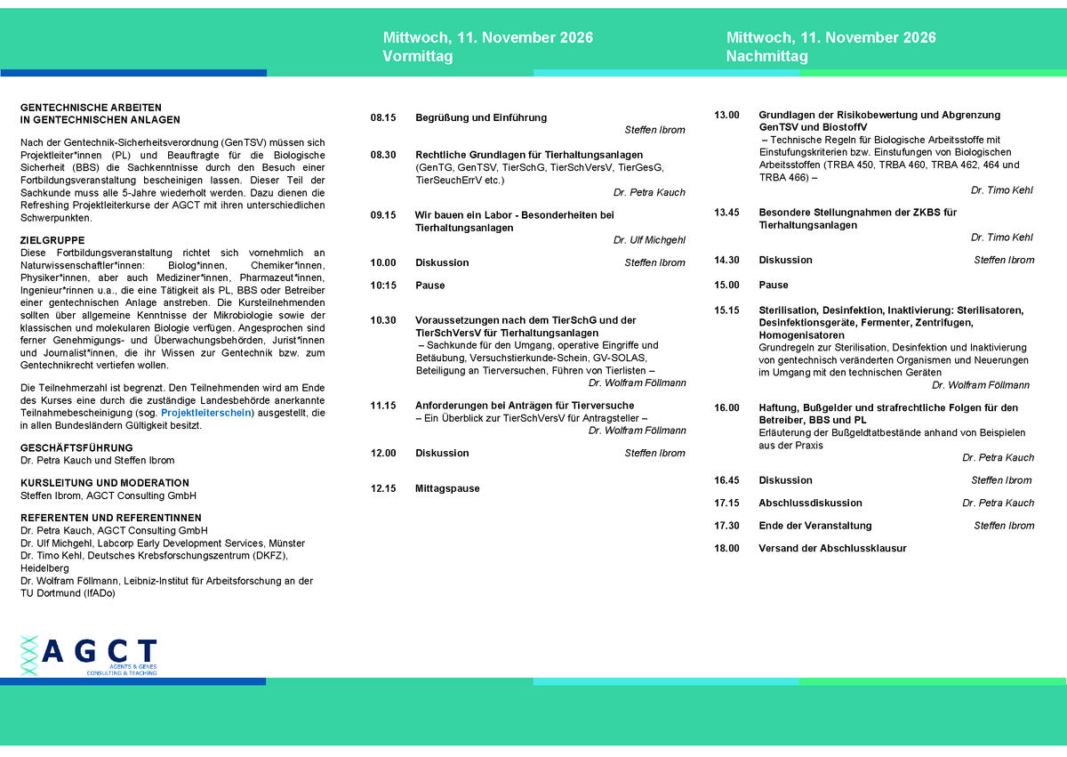 Mi. 11. November 2026 - AGCT Refreshing-Projektleiterkurs (Tageskurs)