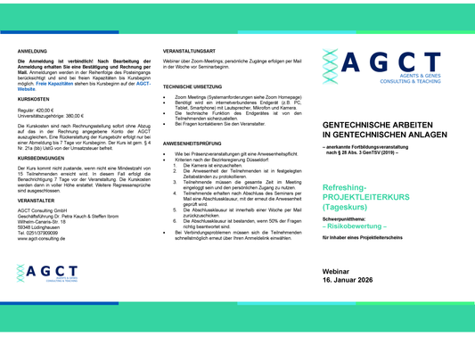 Fr. 16. Januar 2026 - AGCT Refreshing-Projektleiterkurs (Tageskurs)