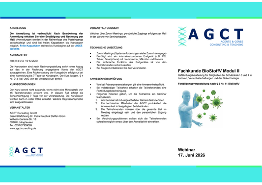 Mi. 17. Juni 2026 - AGCT Fachkundekurs nach BioStoffV - Modul II