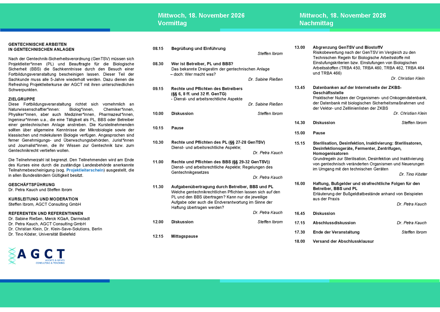 Mi. 18. November 2026 - AGCT Refreshing-Projektleiterkurs (Tageskurs)