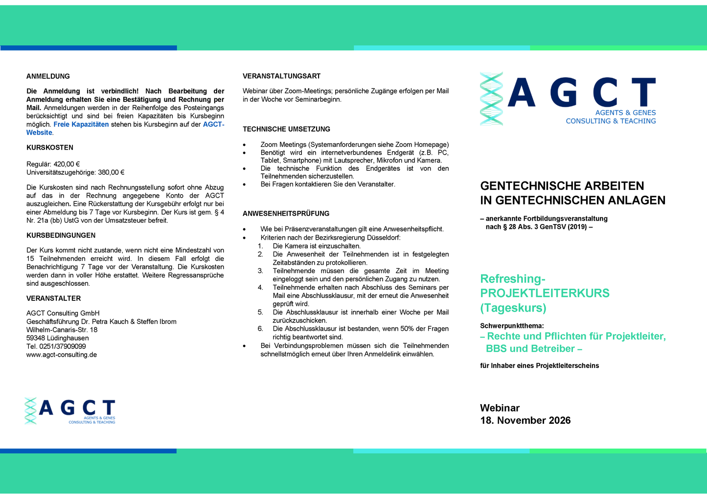 Mi. 18. November 2026 - AGCT Refreshing-Projektleiterkurs (Tageskurs)
