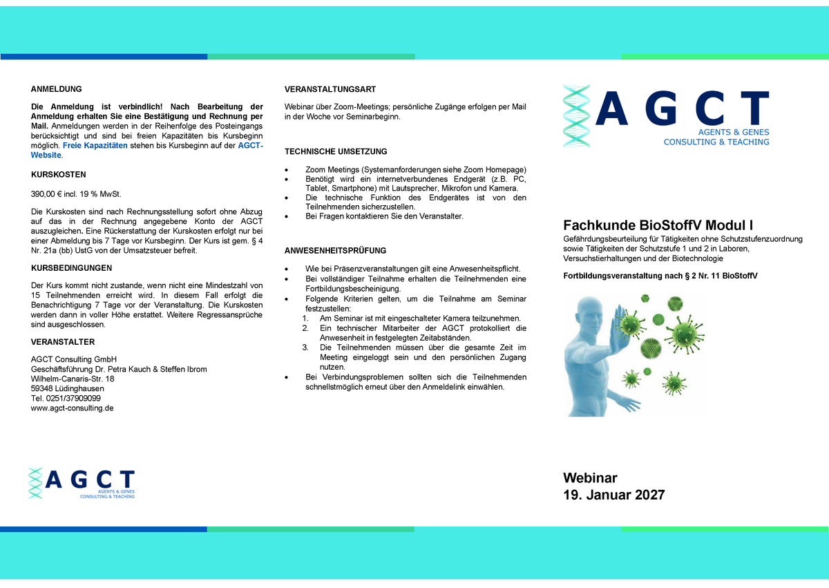Di. 19. Januar 2027 - AGCT Fachkundekurs nach BioStoffV - Modul I