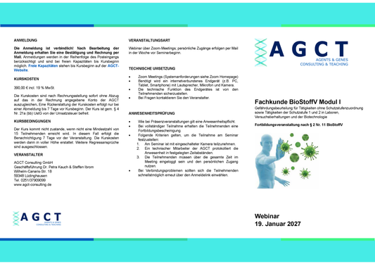 Di. 19. Januar 2027 - AGCT Fachkundekurs nach BioStoffV - Modul I