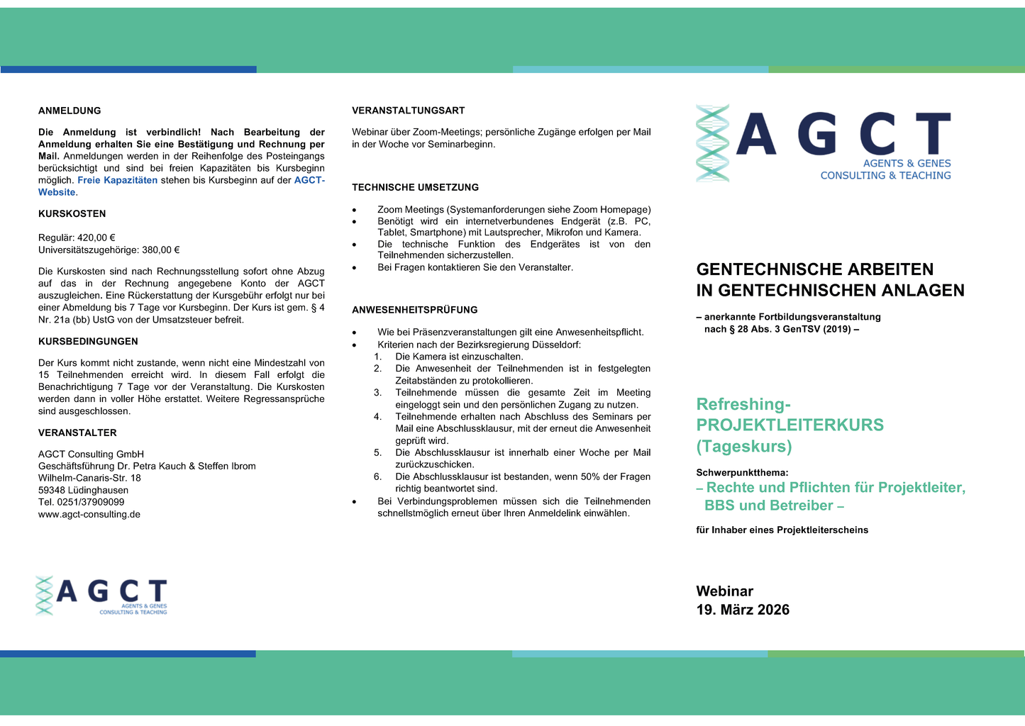 Do. 19. März 2026 - AGCT Refreshing-Projektleiterkurs (Tageskurs)