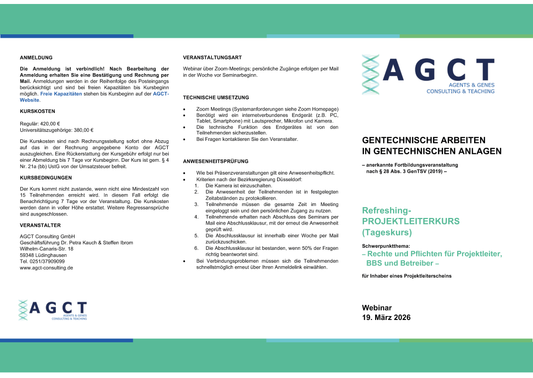 Do. 19. März 2026 - AGCT Refreshing-Projektleiterkurs (Tageskurs)