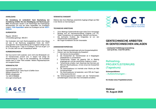 Mi. 19. August 2026 - AGCT Refreshing-Projektleiterkurs (Tageskurs)