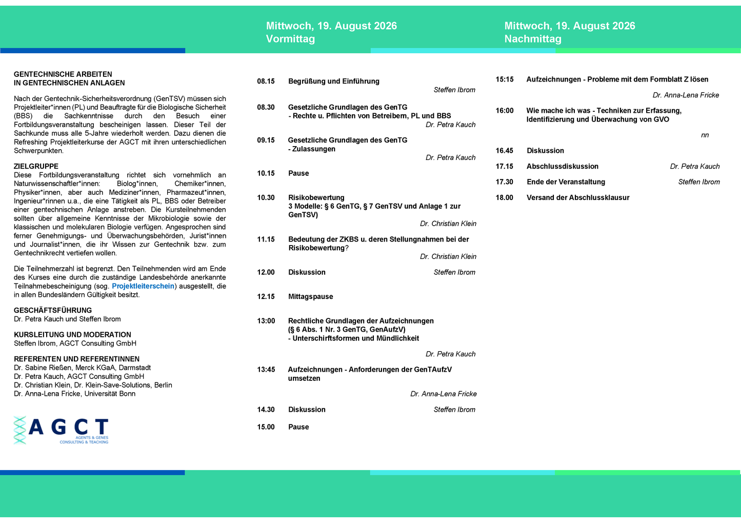 Mi. 19. August 2026 - AGCT Refreshing-Projektleiterkurs (Tageskurs)