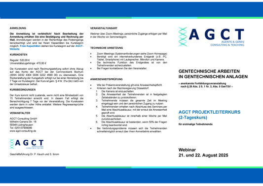 Do./Fr. 21./22. August 2025 - AGCT Projektleiterkurs (2-Tageskurs)