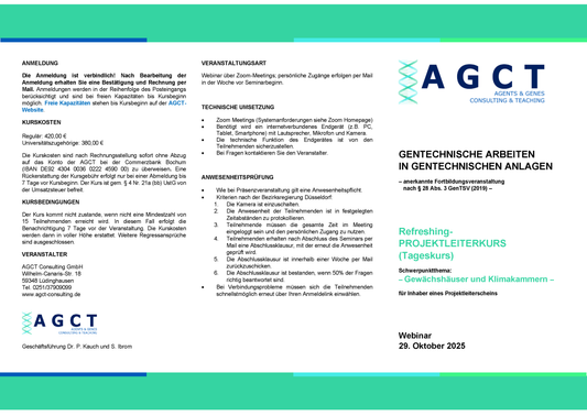 Mi. 29. Oktober 2025 - AGCT Refreshing-Projektleiterkurs (Tageskurs)