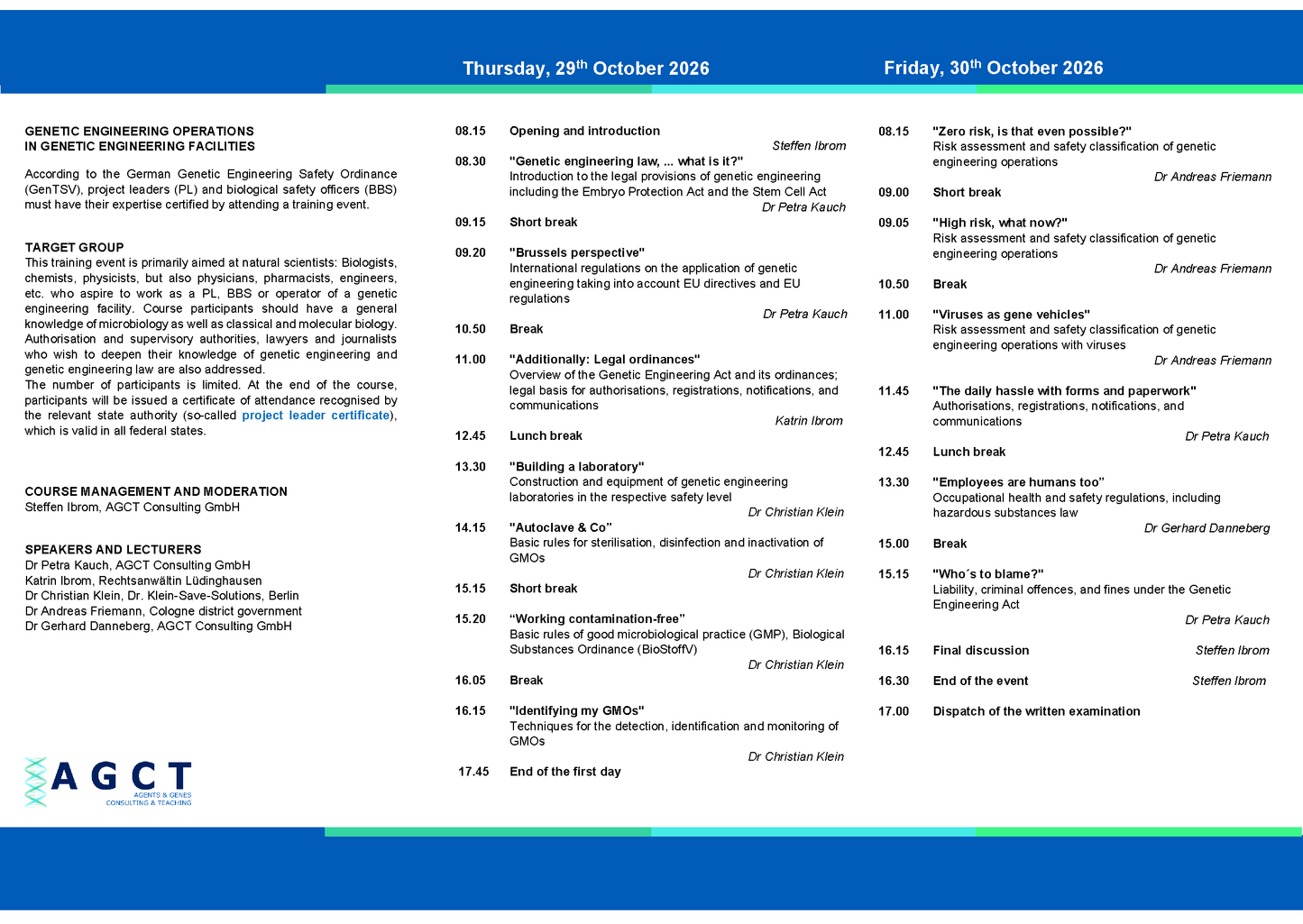 Thu/Fri 29/30 October 2026 - AGCT Project Manager Course (2-day course)